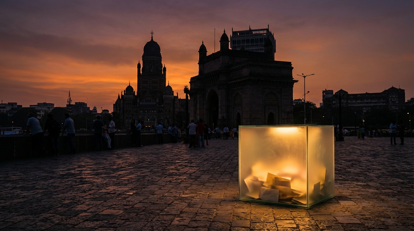 Mumbai skyline with dramatic political transition symbolism