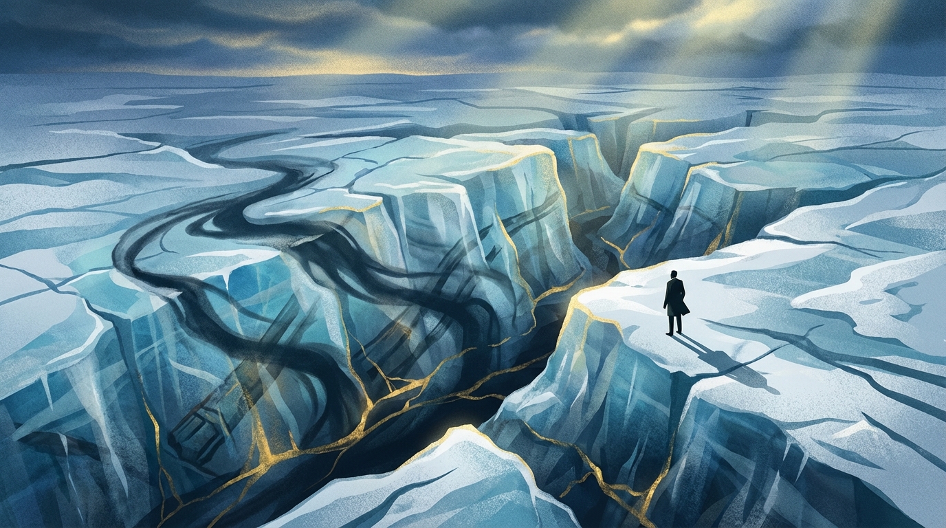Greenland ice sheet with mysterious shadows suggesting hidden secrets beneath