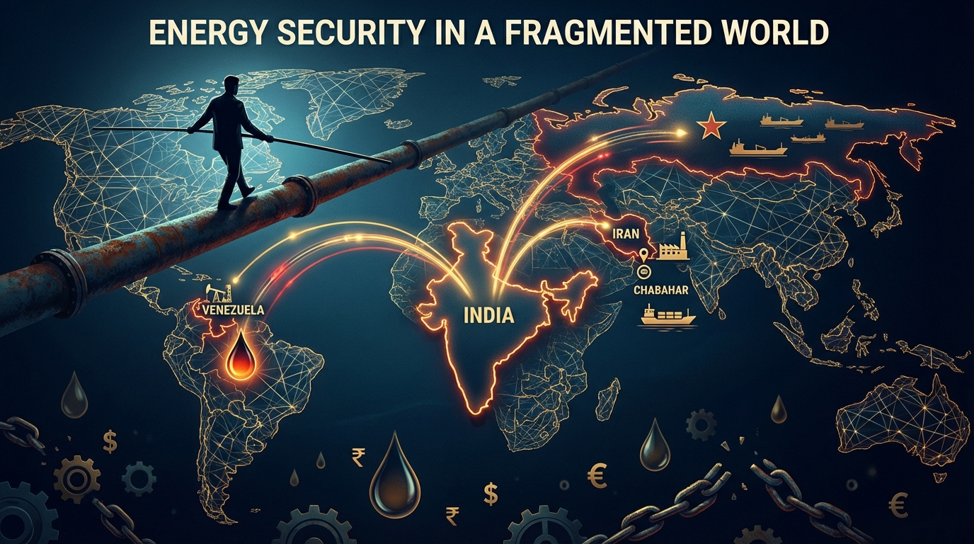 Oil pipelines against a backdrop of world maps showing India, Venezuela, Iran and Russia