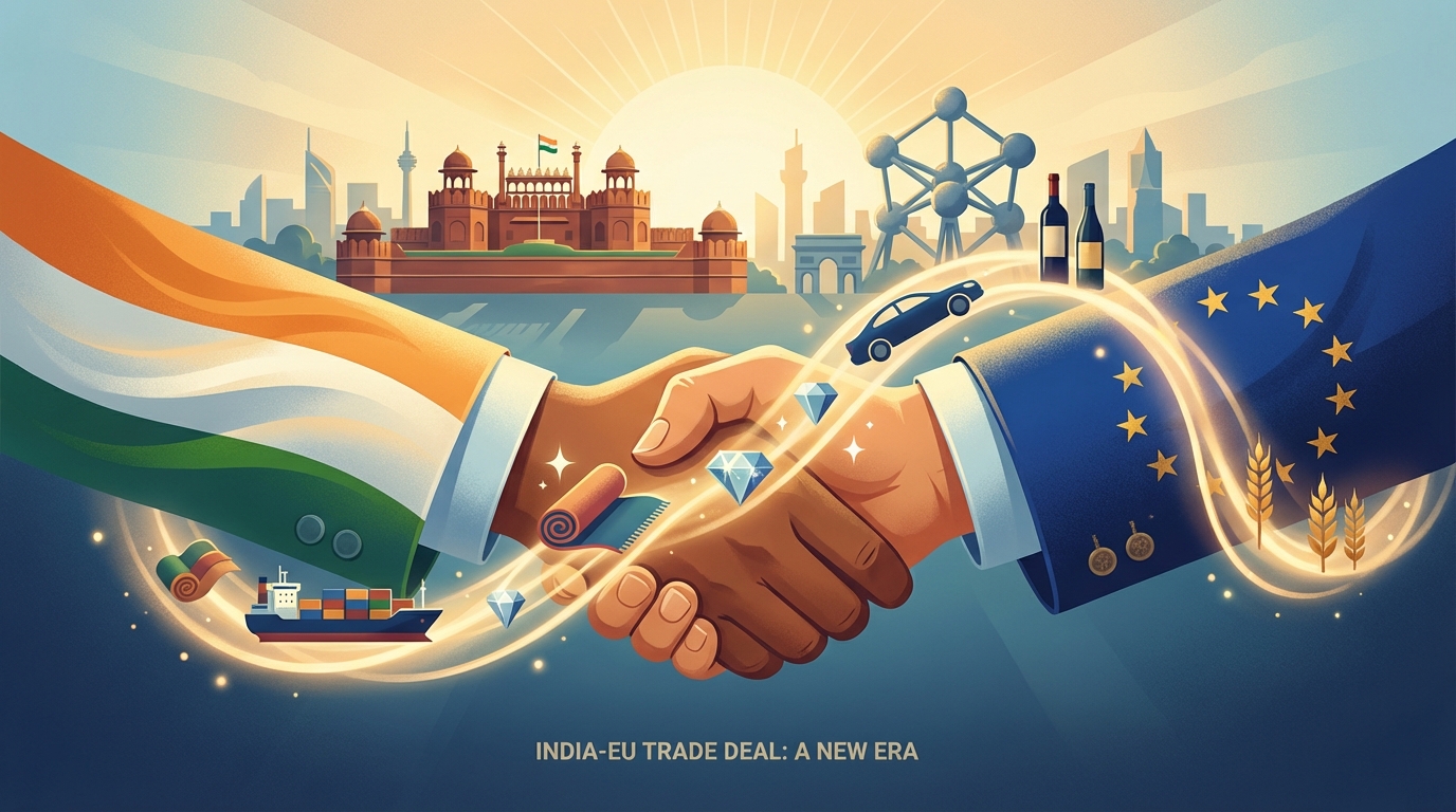 Handshake between Indian and European Union representatives with trade symbols