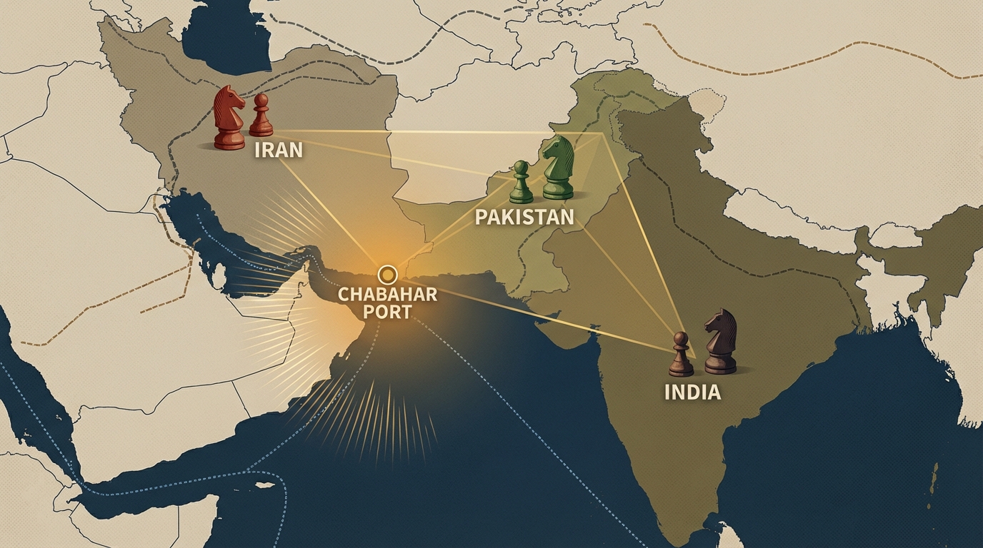 Map showing India-Iran-Pakistan strategic triangle with Chabahar Port