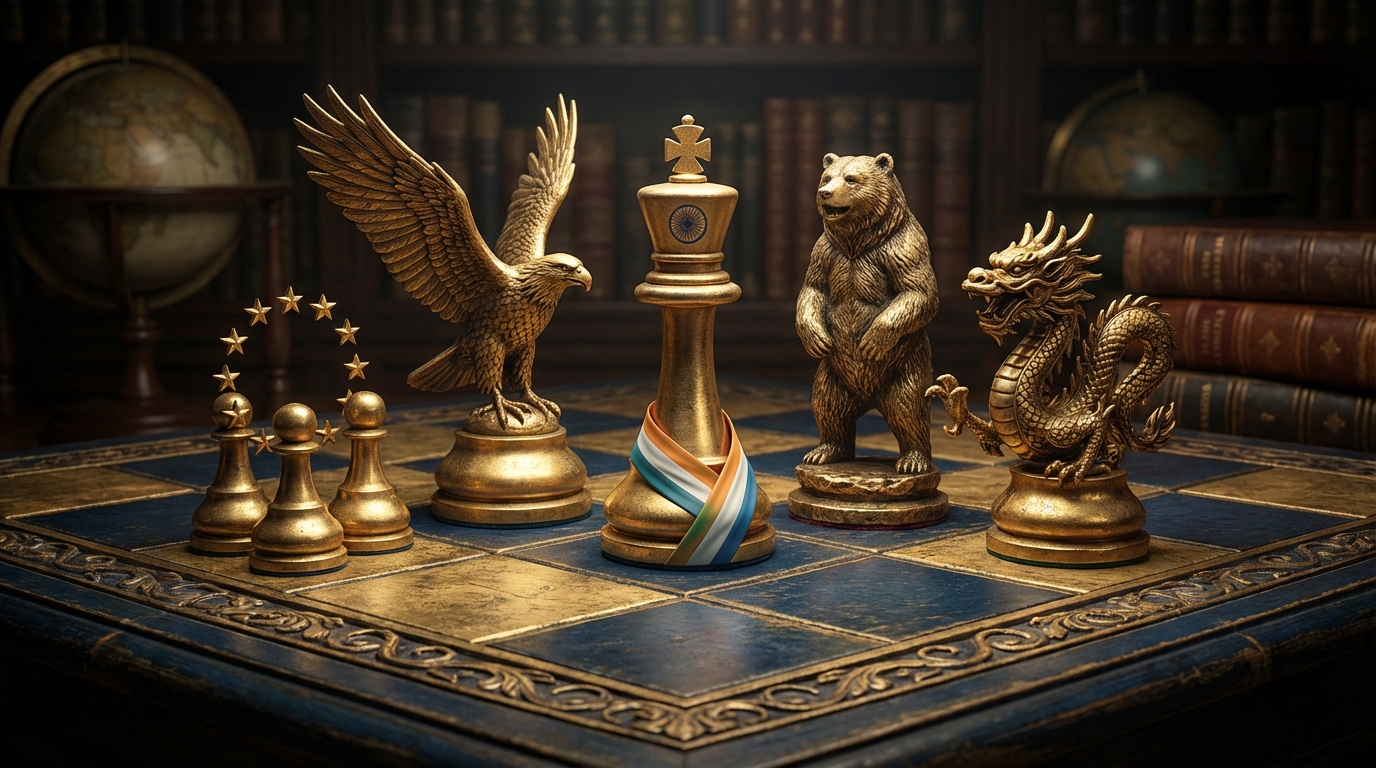 India navigating between global powers - symbolic representation of strategic autonomy
