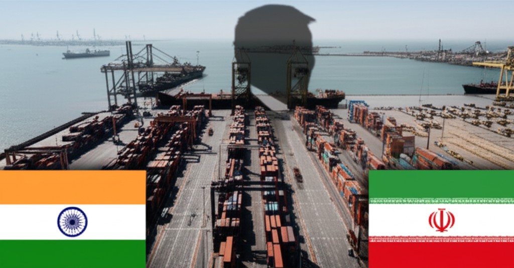 Chabahar Port containers with Iranian and Indian flags
