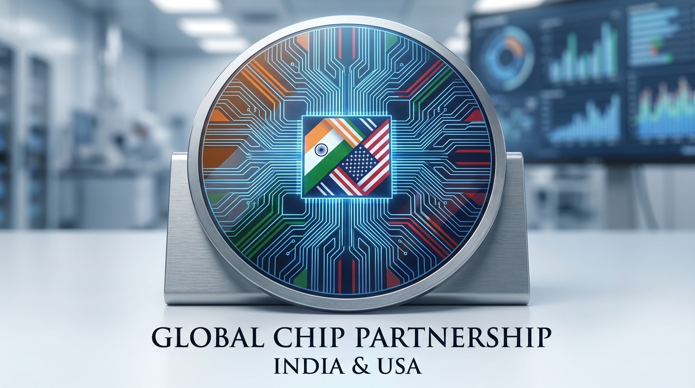 Silicon wafer with India and US flags symbolizing tech partnership