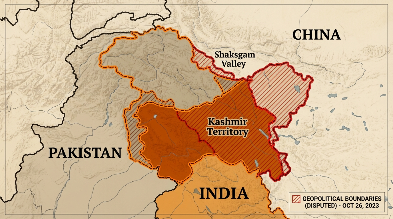 Map showing Shaksgam Valley territory with India Pakistan China borders