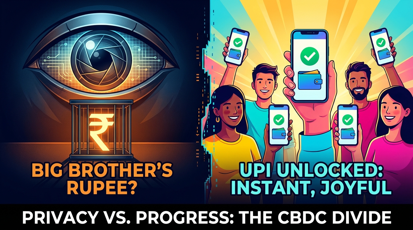 Split image: UPI success vs Digital Rupee failure, with Big Brother surveillance eye overlay