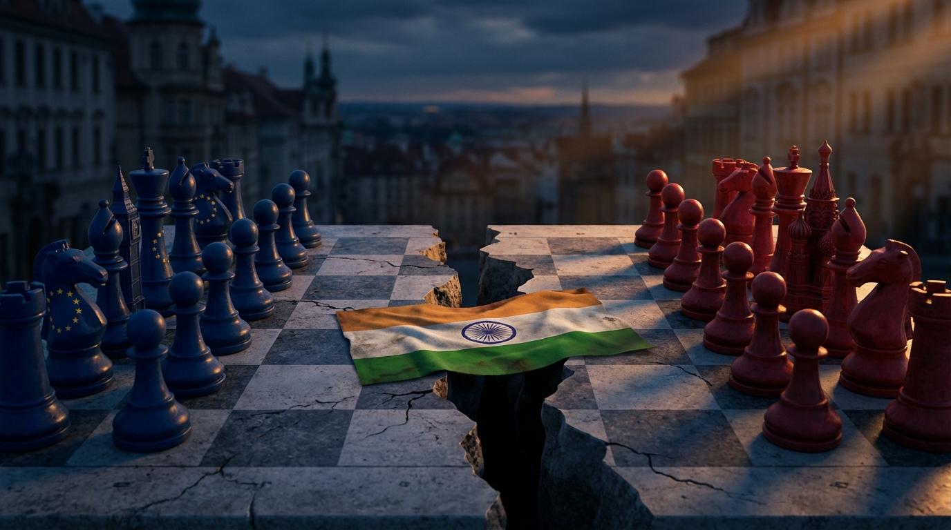European and Russian flags with a diplomatic chess board representing strategic calculation versus fear-driven policy