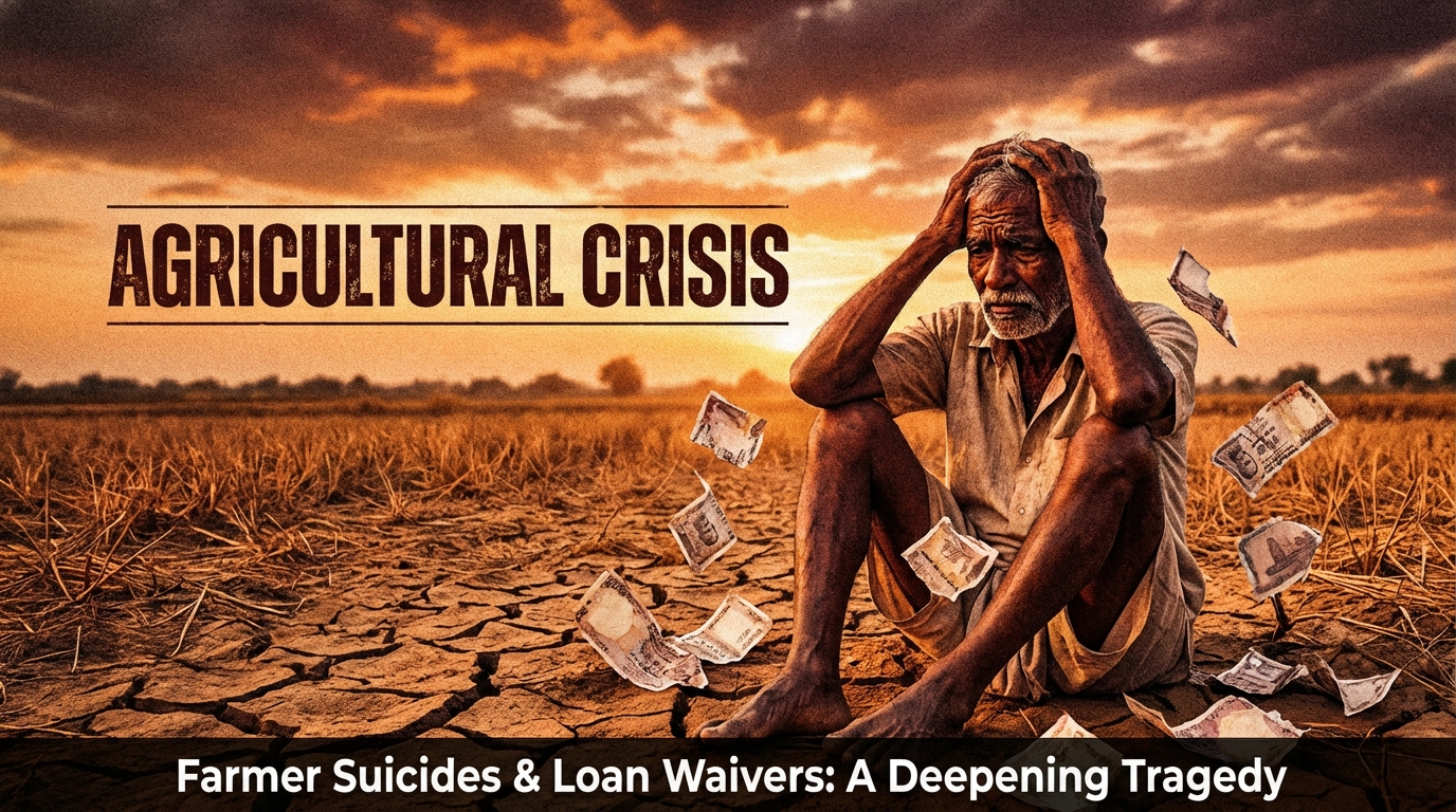 Farmer looking at empty field, loan waiver announcement papers in background