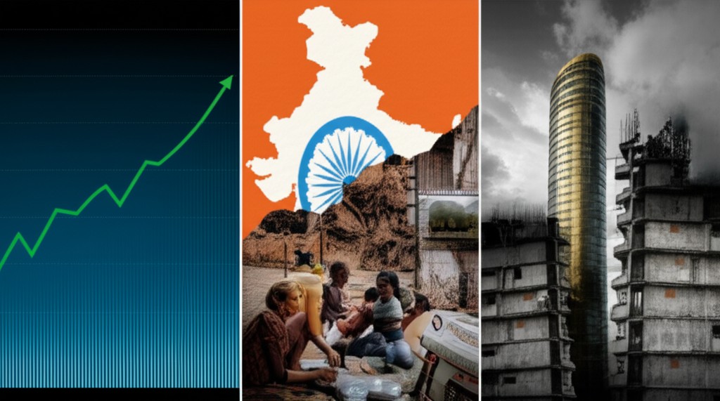 Split image: GDP graph rising while showing invisible informal workers, environmental destruction, and inequality
