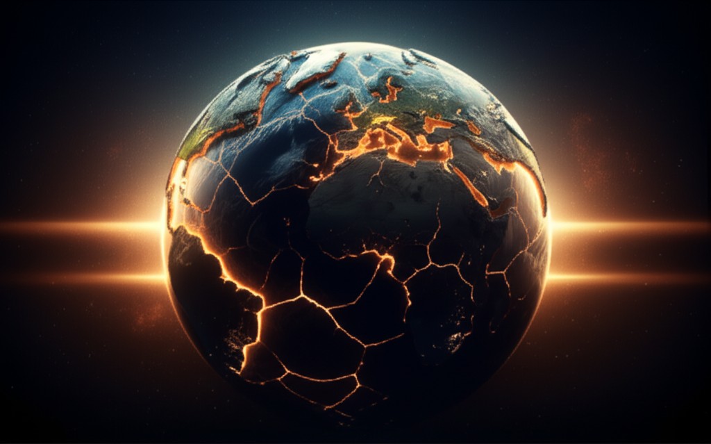 Globe with shifting tectonic plates representing changing world order