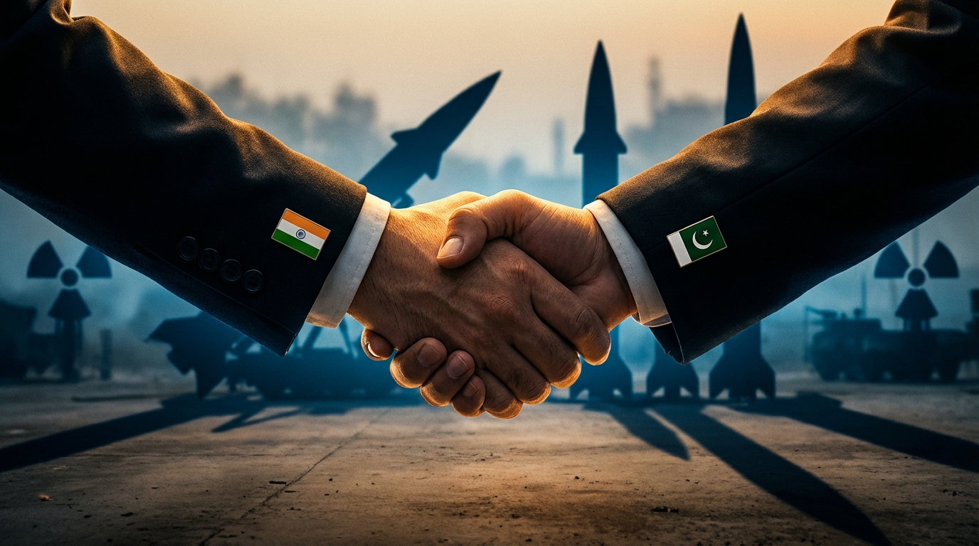 India Pakistan handshake with missile shadows - symbolic representation of nuclear diplomacy