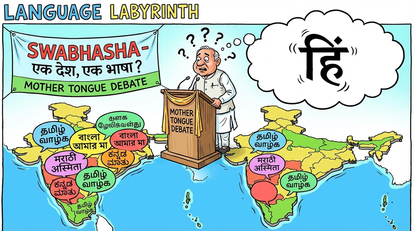 Editorial cartoon showing minister at podium with map of India and multiple language speech bubbles