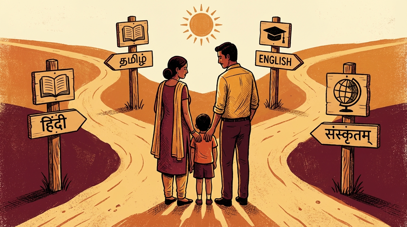 Illustration showing a family choosing between multiple language paths at a crossroads, with books in different scripts