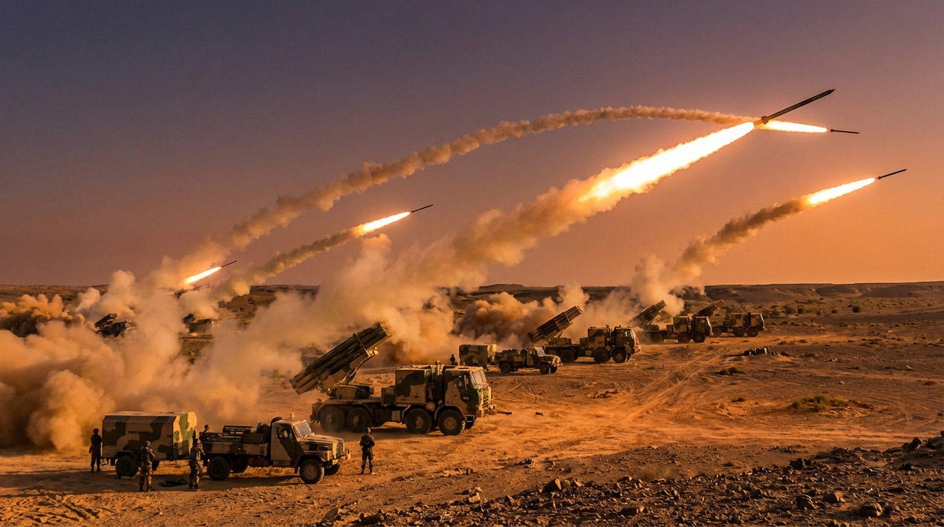 Pinaka rocket launcher system firing salvo