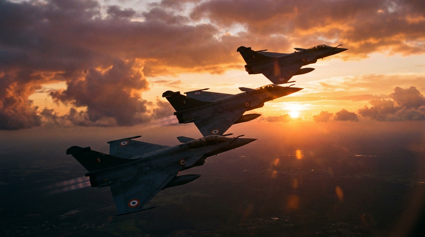 Rafale fighter jets with Indian Air Force markings flying in formation