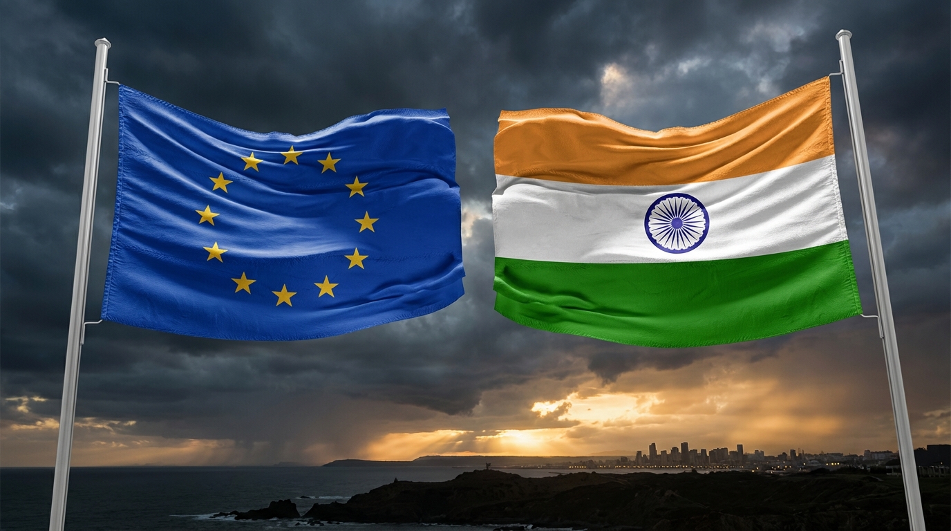 EU and Indian flags together against stormy sky symbolizing awakening to new realities