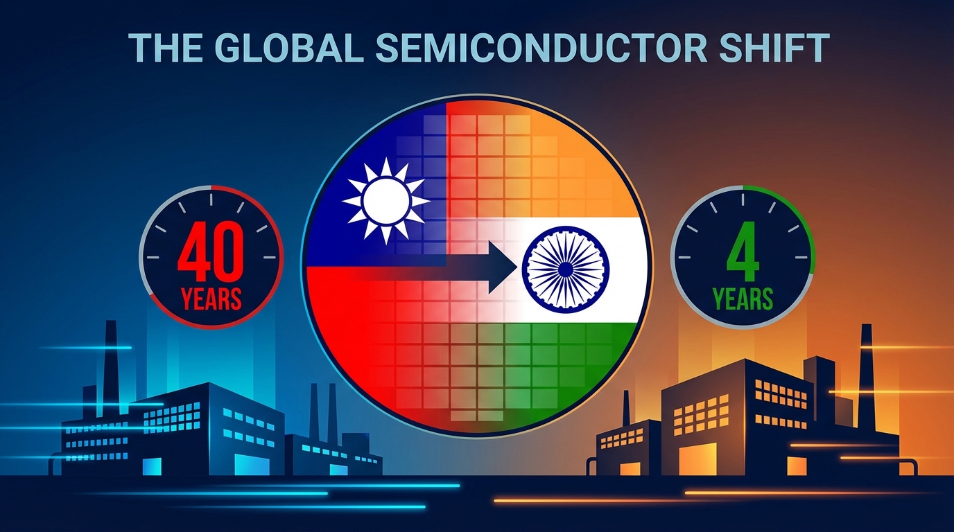 Semiconductor wafer with India map overlay, Taiwan flag in background