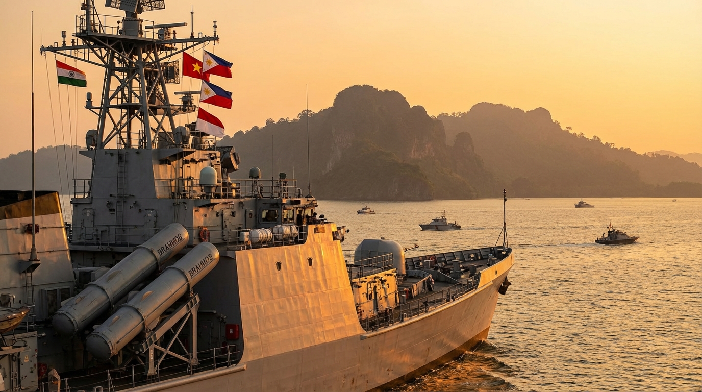 Indian naval vessel with BrahMos missiles in Southeast Asian waters