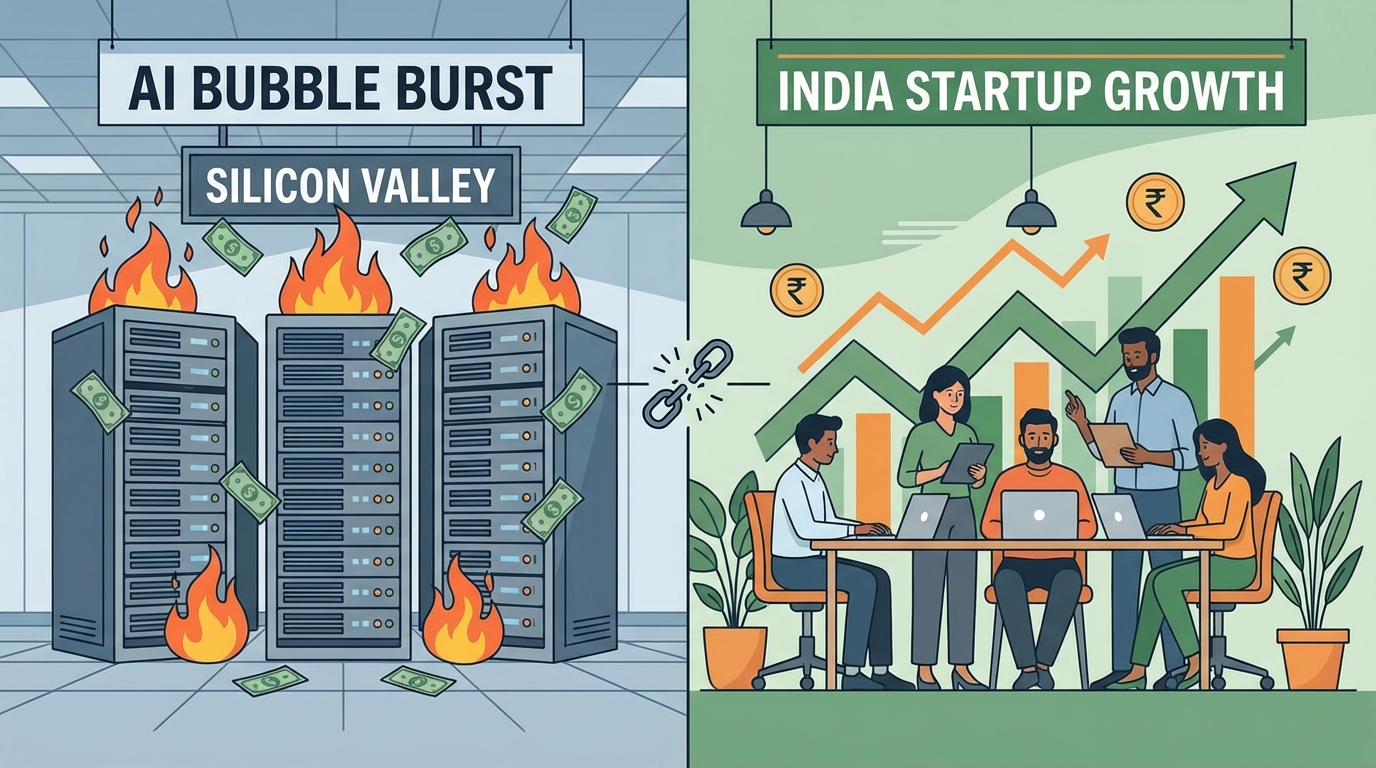 Split image: Silicon Valley AI hype vs India profitable startups