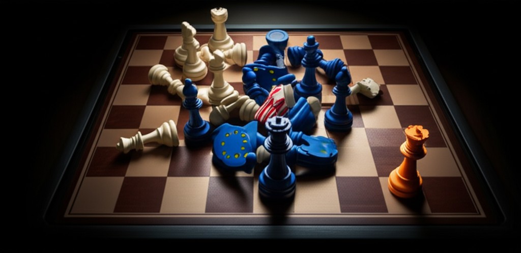 Chess pieces representing global trade strategy with US, Europe, and India flags