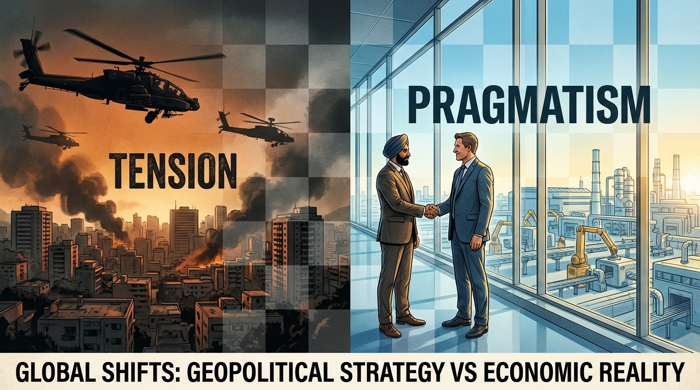 Split image showing US military operation and India-China business handshake