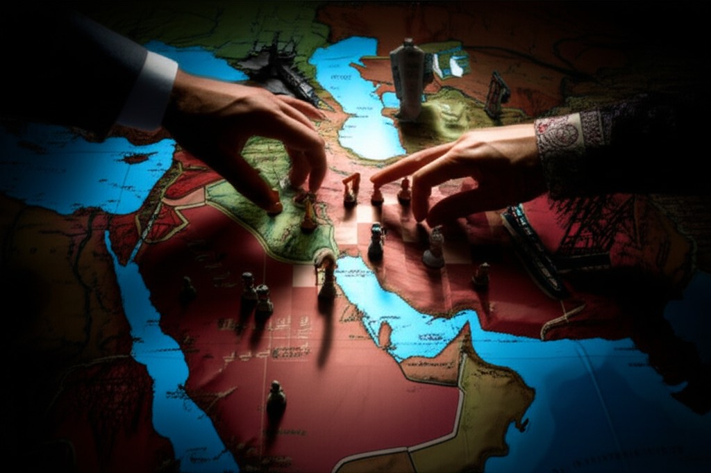 Chess pieces on a map of the Middle East representing US-Iran strategic standoff
