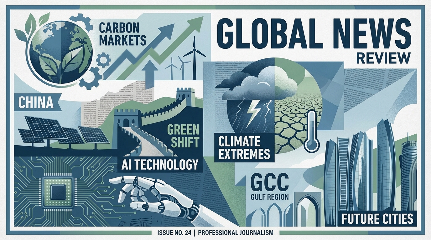 Collage of global news imagery representing climate, technology, and geopolitics