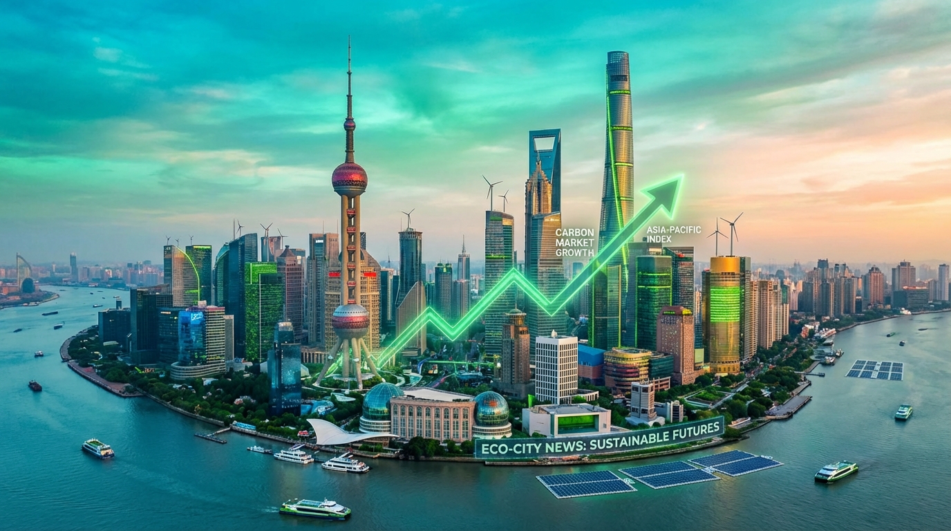 Asian city skyline with green overlay and upward trending graph representing carbon market growth