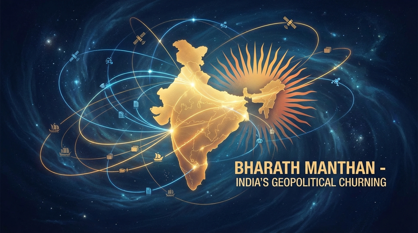 India's geopolitical churning - a stylized map of India glowing at the center of converging global forces
