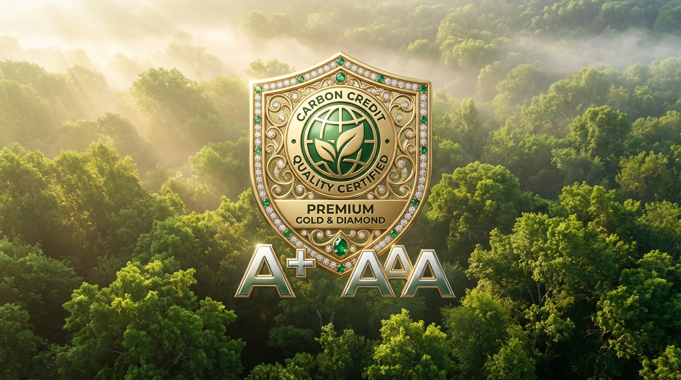 Gold and silver rating badges overlaid on forest imagery representing premium carbon credit quality