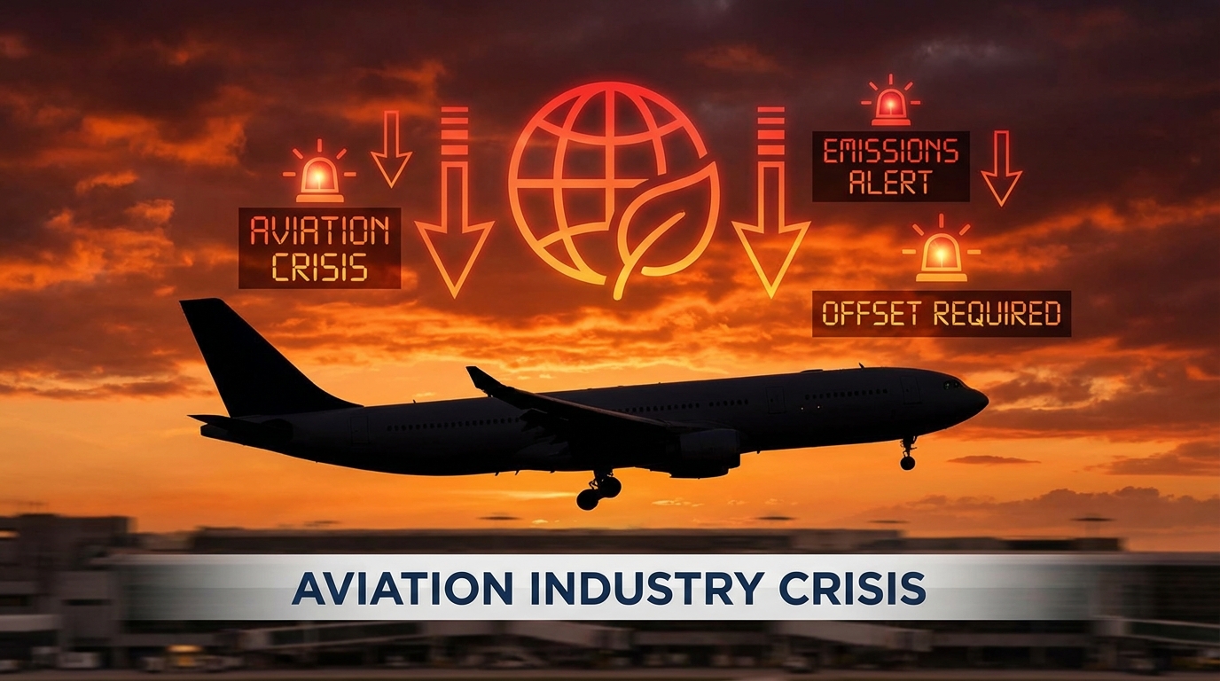 Commercial aircraft with carbon offset symbols representing the aviation industry's carbon credit challenge