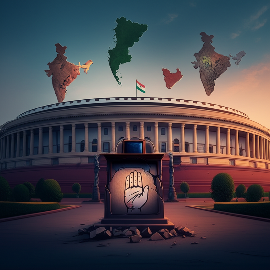 Crumbling political podium with empty chair symbolising Congress party's inability to stand alone in Indian elections