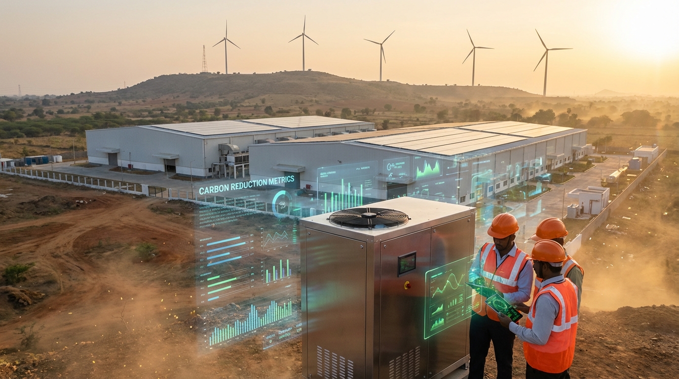 Industrial facilities in Tamil Nadu with green technology overlay representing the transition to climate-compliant manufacturing