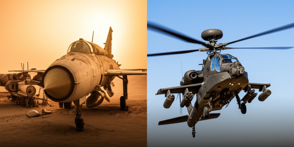 Split image showing vintage MiG-21 aircraft and modern Apache helicopter representing India's defence transition