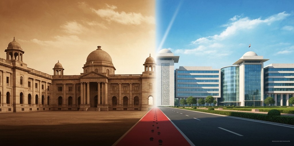 The new Seva Teerth PMO complex juxtaposed with the colonial-era South Block building in New Delhi