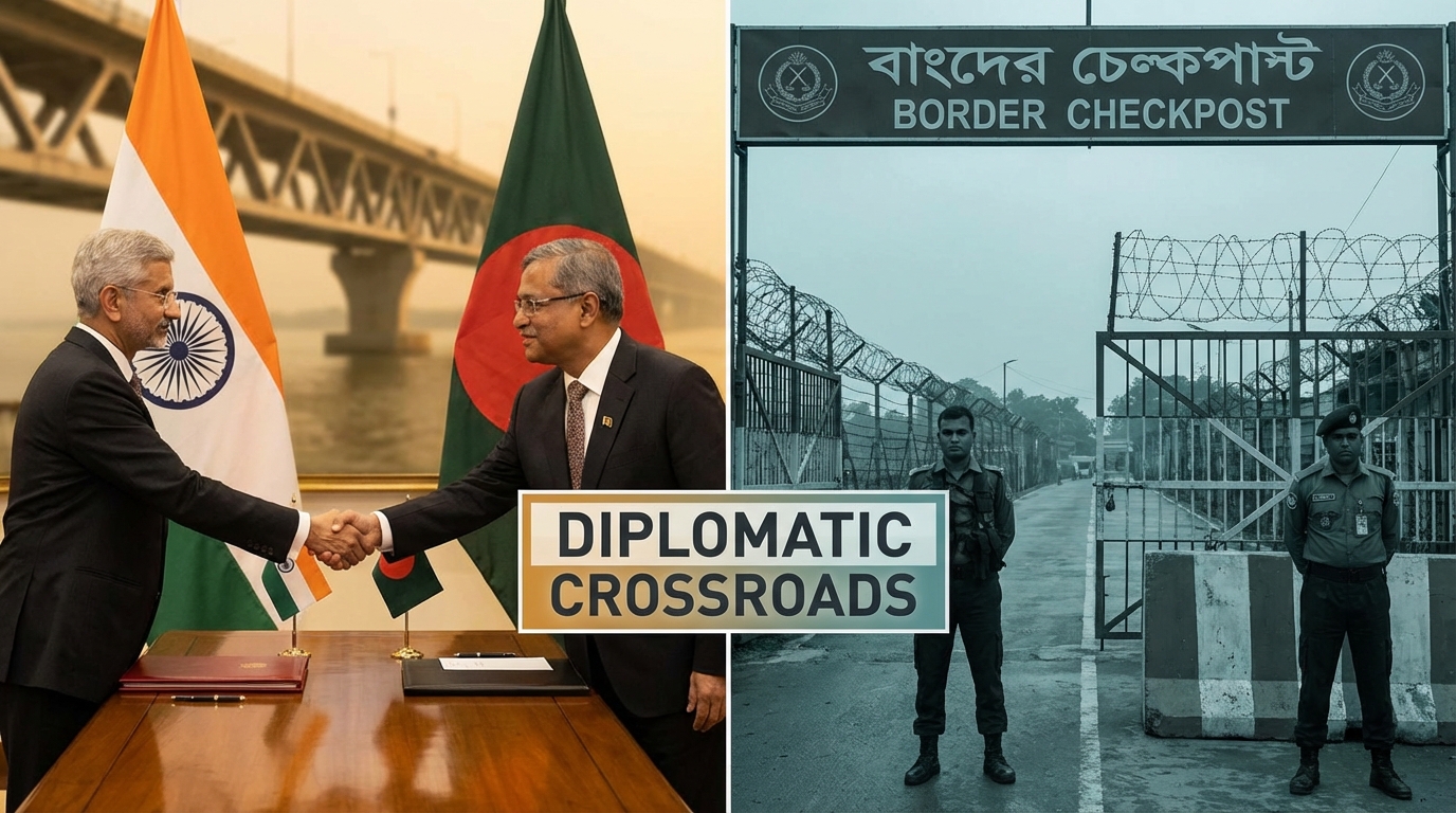 Split image showing Indian and Bangladeshi flags with diplomatic imagery