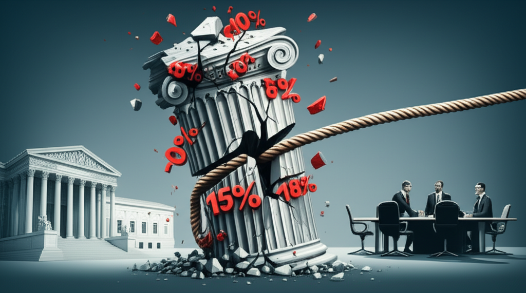 Crumbling classical column with tariff numbers swirling chaotically, US Supreme Court in background