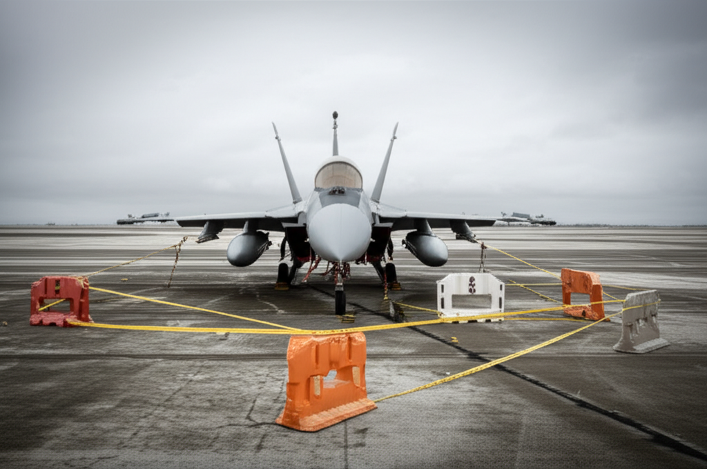 Grounded fighter jet on a deserted military airstrip with caution barriers