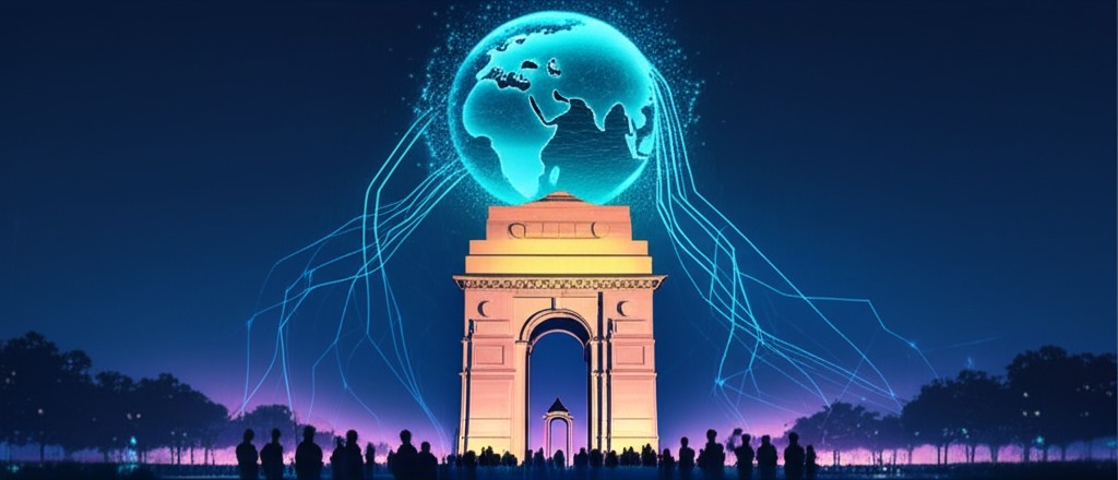 Futuristic depiction of India hosting global AI summit with digital neural networks overlaying New Delhi skyline