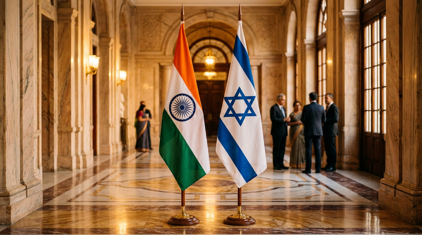 Indian and Israeli flags side by side against a backdrop of ancient civilizational motifs representing the new special strategic partnership