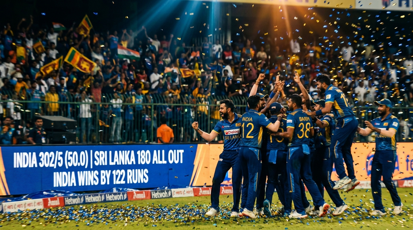 Indian cricket team celebrating victory in Colombo stadium with T20 World Cup branding