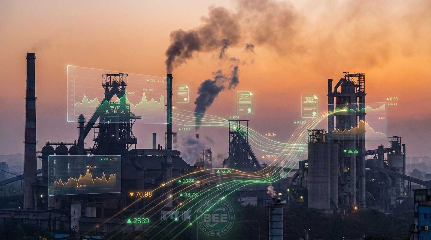 Industrial smokestacks with digital carbon trading overlay representing India's new compliance carbon market