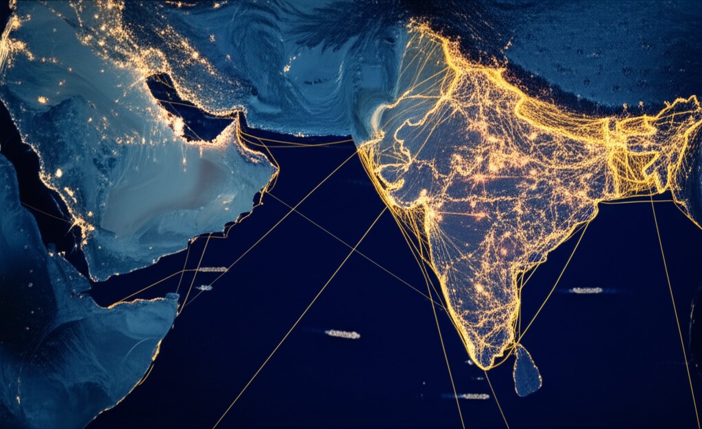 Map showing trade routes between India and Gulf nations with overlaid economic data