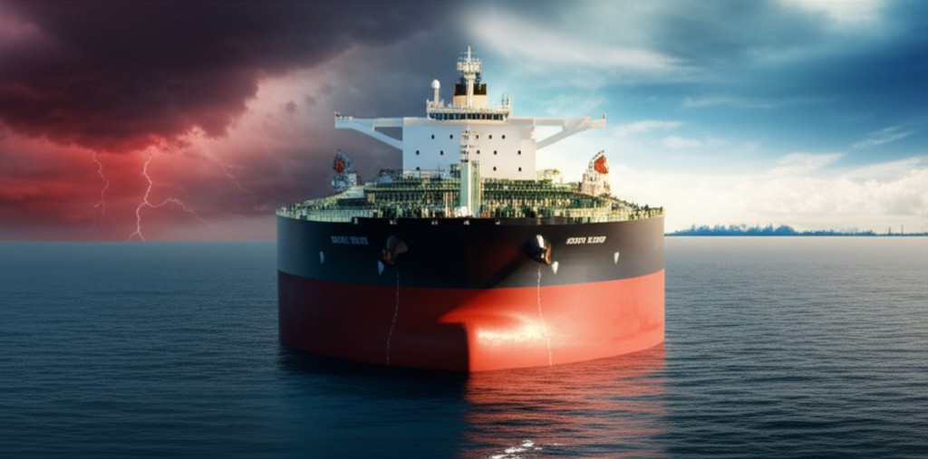 Oil tanker navigating between Russian and American flags symbolizing India's energy realignment