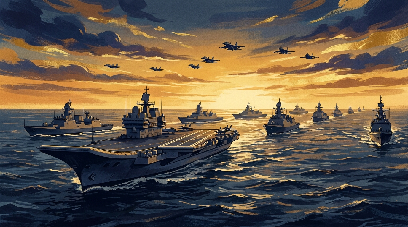 Indian Navy fleet formation at sea with INS Vikrant aircraft carrier