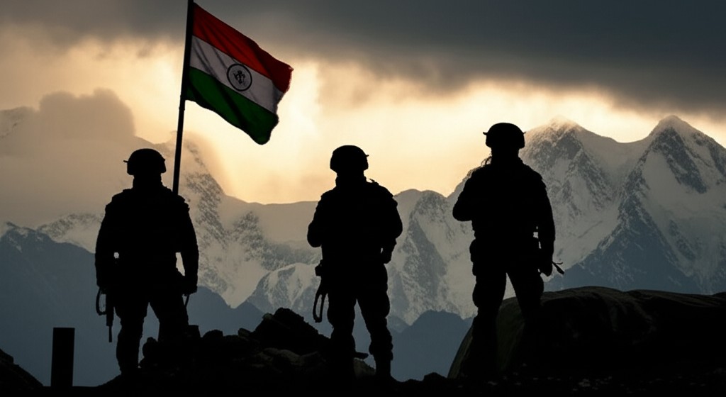 Silhouette of Indian Army soldiers against Himalayan mountains representing the 2020 Ladakh standoff