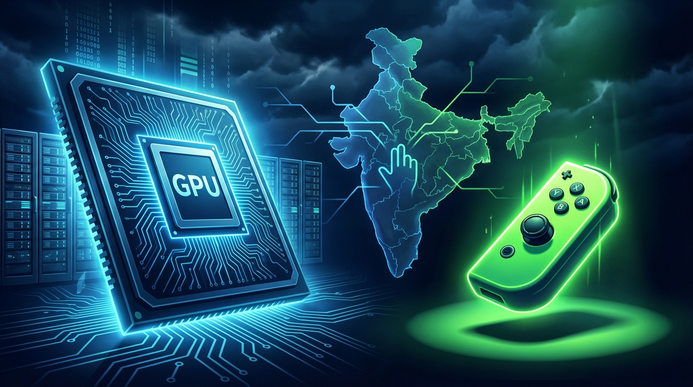 GPU chips and AI infrastructure contrasted with gaming controller symbolising India's choice