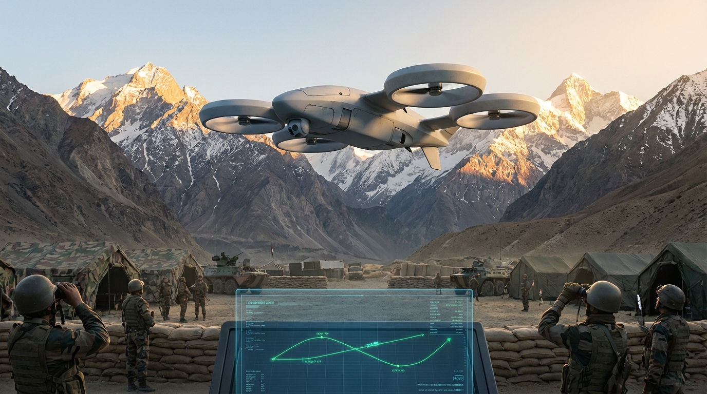 Shield AI V-BAT autonomous drone in vertical takeoff configuration with Indian Army background