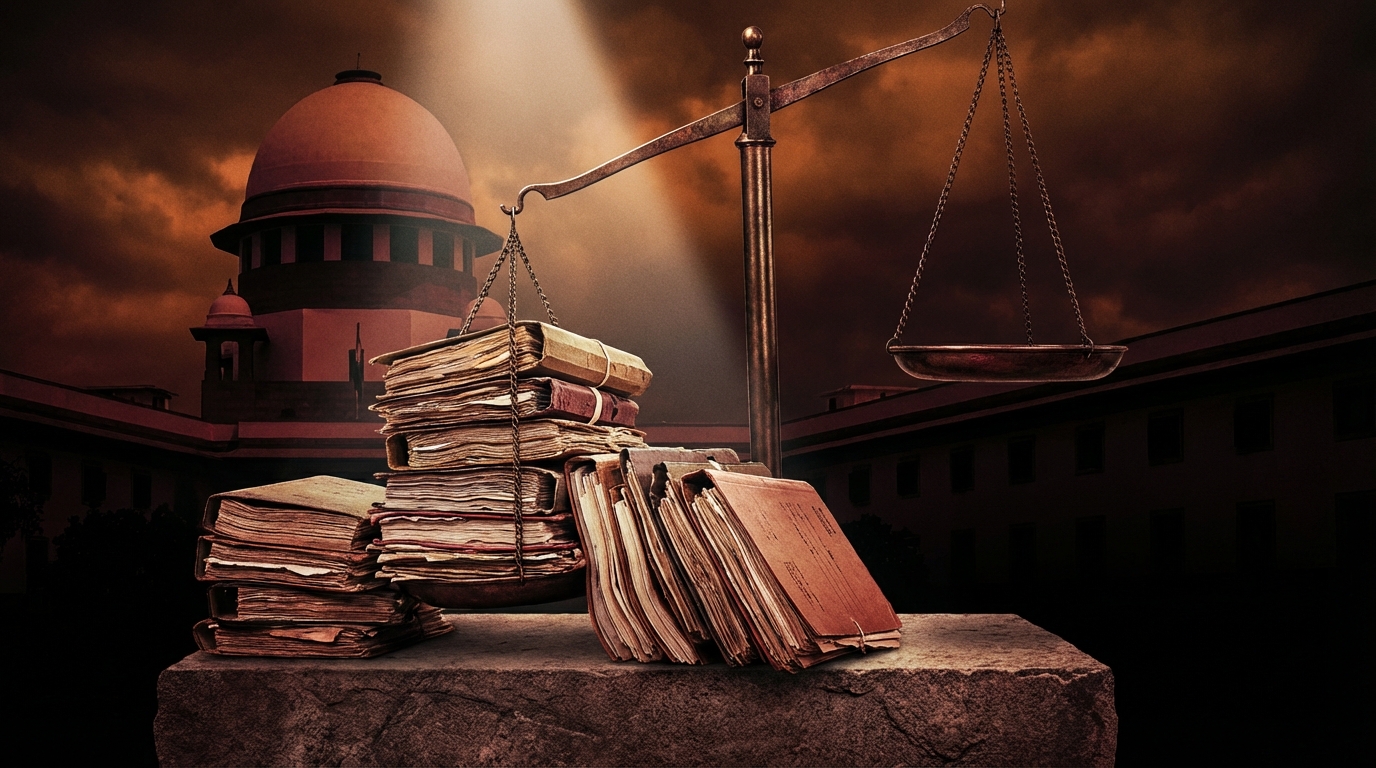 Scales of justice with piles of files representing India's judicial backlog