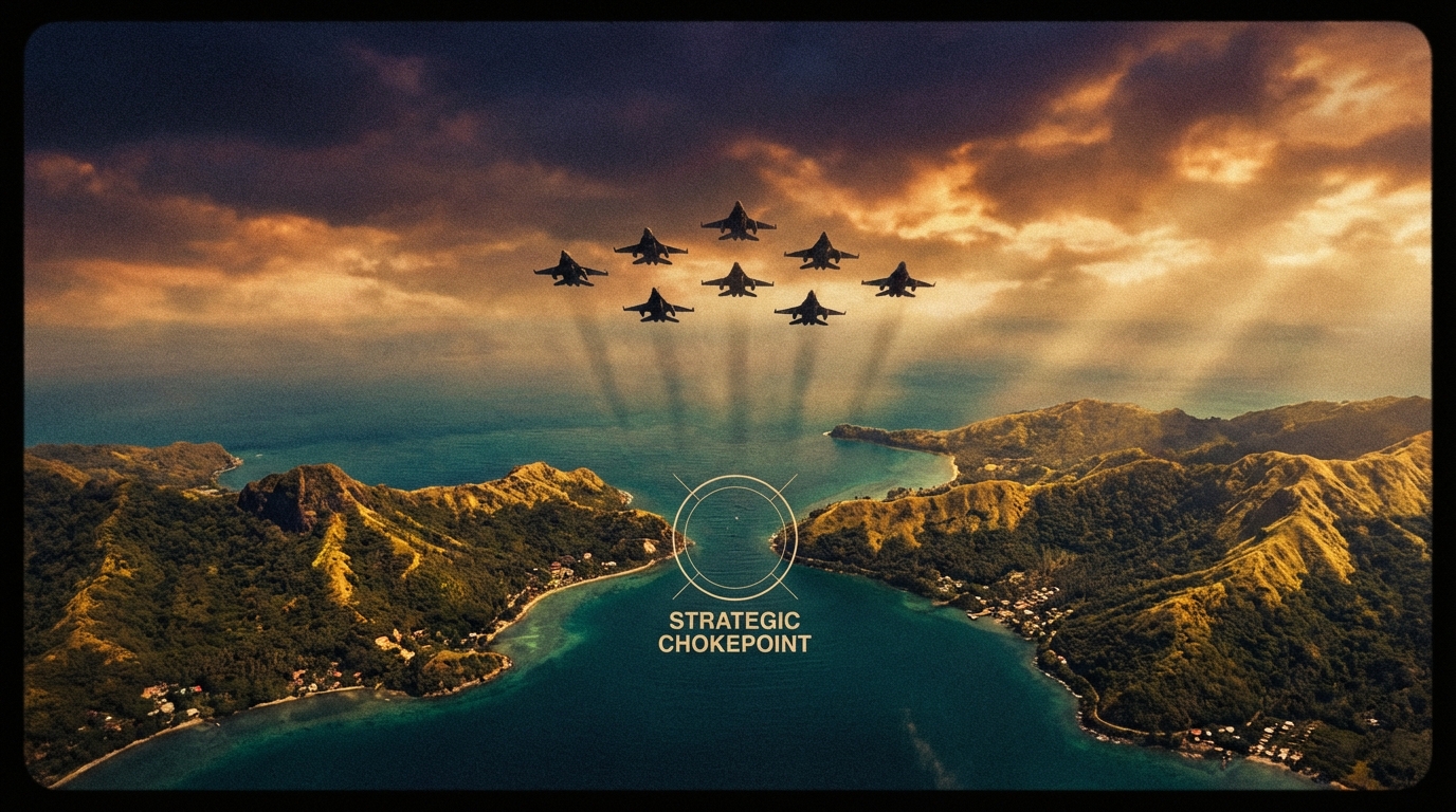 Fighter jets in formation over ocean waters near strategic strait